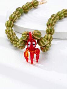 1 件手工粘土串珠项链，配玻璃龙虾章鱼吊坠，粗珠项链，适合女性日常佩戴，夏季波西米亚风度假饰品 - 彩色 - 查看 17