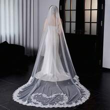 1件长款蕾丝新娘头纱，精致花卉和心形图案蕾丝，女士婚礼配饰，教堂婚礼或户外仪式新娘头纱 - 彩色 - 查看 1