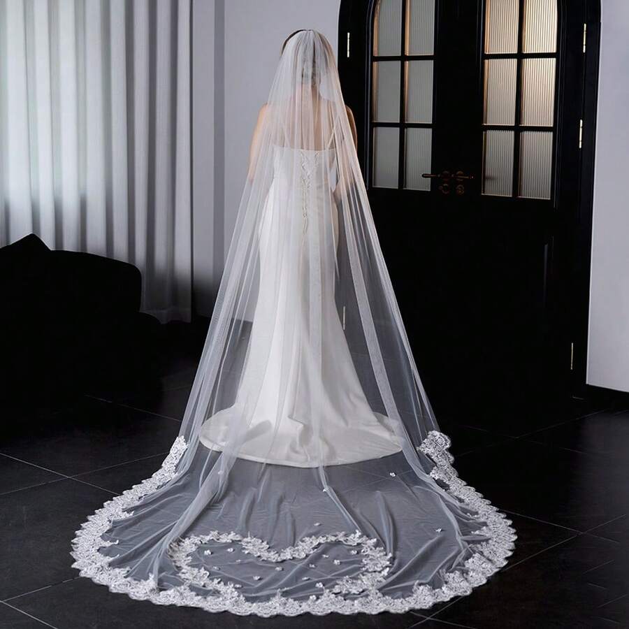 1件长款蕾丝新娘头纱，精致花卉和心形图案蕾丝，女士婚礼配饰，教堂婚礼或户外仪式新娘头纱 - 彩色 - 查看 1