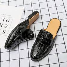 Men's Crocodile Leather Embossed Shoes, Shoes Style Flat Loafers, Heel-Less Shoes, Casual Office Slippers, Comfortable Loungewear Shoes, Men's Dress Shoes With A Rounded Toe, Half Slippers - Black - View 6