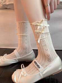 女士蝴蝶结袜一双，薄蕾丝花边心形芭蕾舞袜，蕾丝荷叶边装饰薄网镂空中筒袜，白色，透气，百搭，适合秋季，薄透明性感丝袜，新品上市，适合所有季节 - 彩色 - 查看 5