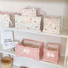 1 buc Coș de depozitare pentru birou cu fundă din dantelă super drăguț, coș organizator cosmetic impermeabil, poate depozita diverse perii și produse de îngrijire a pielii, decor pentru birou, cutie de depozitare cosmetică, coș de picnic portabil - Multicolor - Vizualizare 5