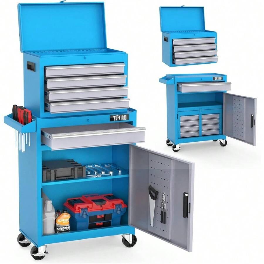Heavy-Duty Rolling Toolbox, 5-Drawer Tool Organizer With Drawers, Lockable Wheels, Removable Top Panel And Adjustable Shelves, Suitable For Garages, Workshops, Warehouses And Repair Shops. - Blue - View 1