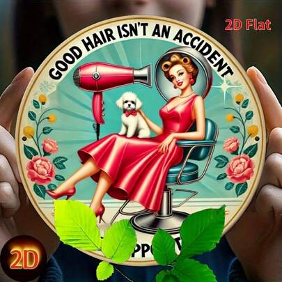 1个2D印刷复古圆形木质美发师标牌，19.81厘米 - 美丽的秀发并非偶然，可作墙面装饰，家居美学，适用于客厅、农舍、门廊、卧室等场所，是送给美发师的完美礼物，2D平面设计，理想的房间装饰，已预钻孔（尺寸如图所示）。