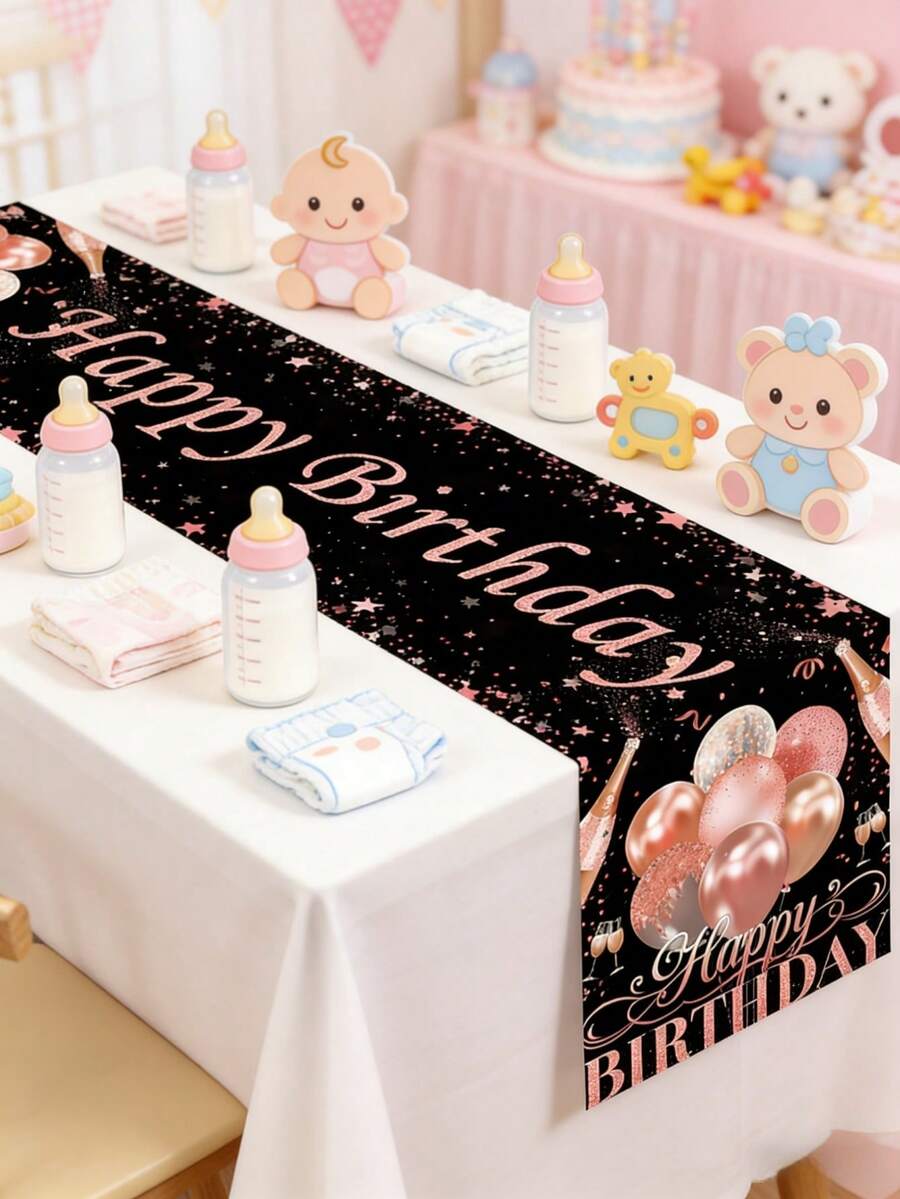 1 pieza Camino de mesa con globo dorado rosa para fiesta de cumpleaños, decoración de fiesta de cumpleaños, mantel desechable, mantel para fiesta de baby shower, suministros para fiesta de cumpleaños, decoración de mantel para fiesta de baby shower, mantel de decoración para fiesta de recién nacido niño/niña, falda de mesa para decoración de revelación de género, regalo de baby shower, regalo de decoración del hogar para baby shower, decoración de revelación de género, accesorio de fotografía