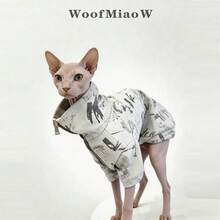 Sphynx Hairless Cat Printed Zip-Up Jacket, Windproof Warm Fashionable Pet Clothes - White - View 10