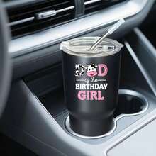 30oz Stainless Steel Tumbler Black White Options,  Dad Of The Birthday Girl Cow Pattern Graphic Cups, Insulated Travel Coffee Mug With Lid And Straw , Double Wall Vacuum Reusable Travel Cups, Funny Birthday Party Gift For Women & Men - 黑色 - 查看 2