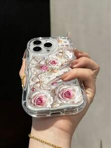Rose Painting New Flat Printed Cream Texture Transparent Soft Case Compatible With IPhone 17/17 Pro Max/ 16/16 Pro/16 Pro Max/15/XR/7P 8P/P12 Pro Max/P13 Pro Max/P14 Pro Max/P13/P14/P11/P12/P14, Cute & Fashionable Thick Protective Phone Case For XS/S/XS Max/7 8 GES2 - Multicolor - View 2
