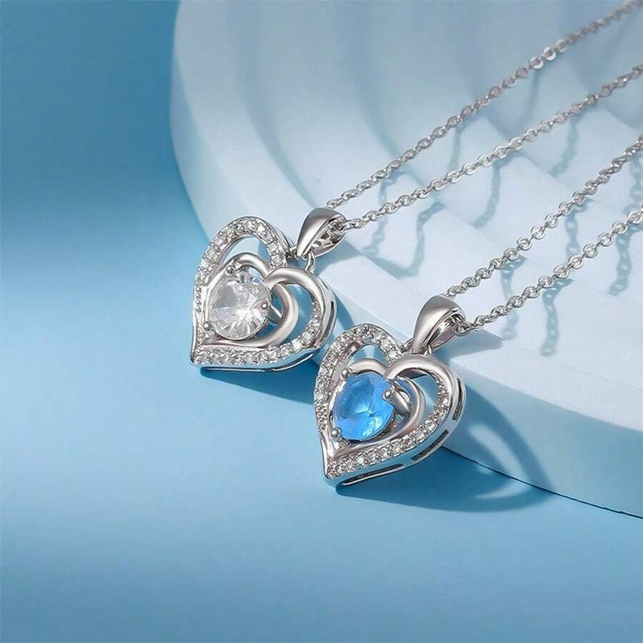 1 chiếc vòng cổ hình trái tim đôi thời trang, mặt dây chuyền đính đá S925, dây chuyền đeo xương quai xanh dành cho nữ, trang sức lấp lánh cho buổi hẹn hò và tiệc tùng. - Bạc - Xem 1