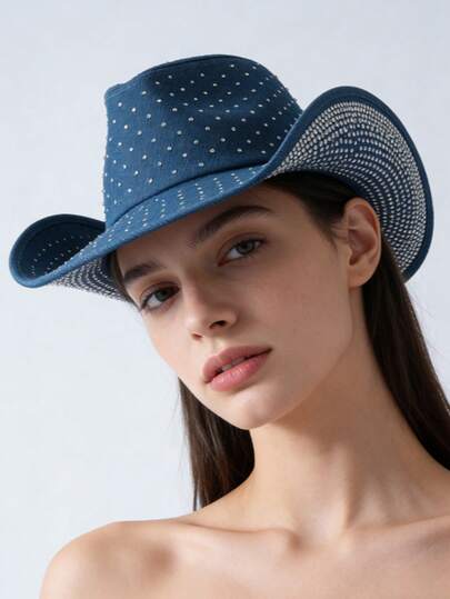 1pc Shiny Casual Retro Bohemian Faux Suede Rhinestone Denim Hat, Versatile Party/Outdoor Hat For All Seasons