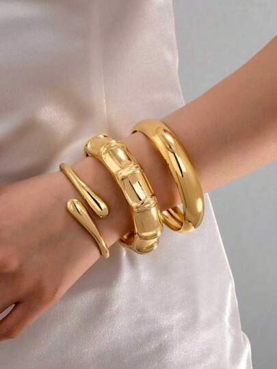 3pcs/Set Summer Beach Vacation Themed Fashion Minimalist Gold-Tone Bamboo Knot & Smooth Water Drop Thick Bangle Bracelet Set, Suitable For Women, Chunky Solid Metal & Zinc Alloy Material