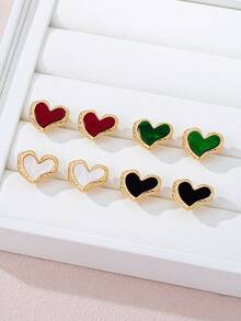 1 Pair Petite Geometric Heart Stud Earrings For Women - Green + Gold - View 1