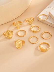 10pcs Vintage Exaggerated Rhinestone Crown Cross Punk Style Fashion Rings, Suitable For Various Occasions, Great Gift - Gold - View 3