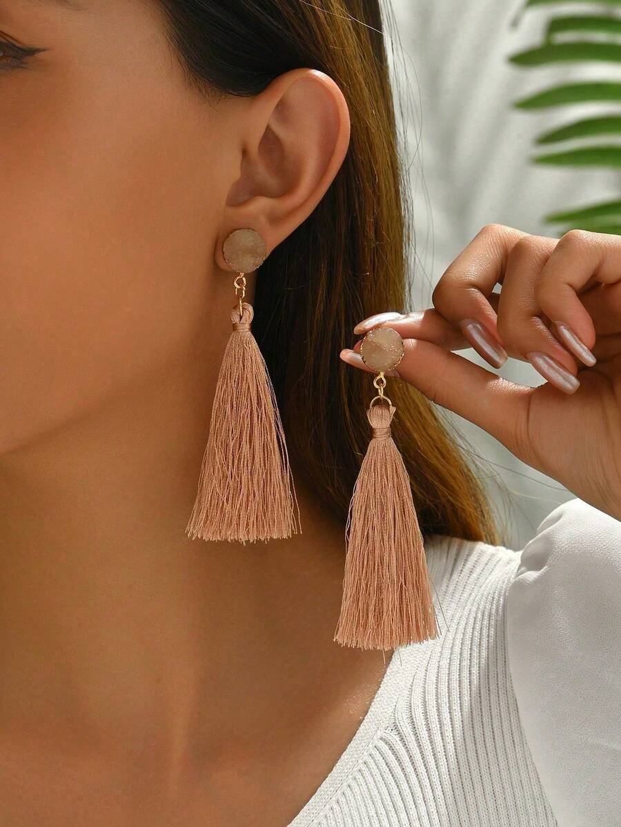 1 Pair Asymmetrical Design Fashionable Faux Stone Long Tassel Earrings Suitable For Daily Wear - Baby Pink - View 1