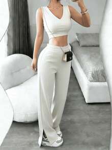 Conjunto de traje de dos piezas para mujer, sin mangas, cuello en V, botones en la parte delantera, chaleco y pantalones largos de pierna ancha. - Blanco - Ver 2