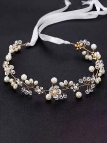 珍珠流苏编织波浪发箍，婚礼头饰配饰，优雅婚礼发型装饰，手工皇冠式发箍带梳子，适合婚礼、派对和度假 - 白色 - 查看 4