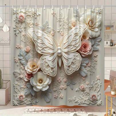 【轻柔呵护】优雅蕾丝蝴蝶花卉浴帘，70x70英寸涤纶面料，精致粉彩花卉图案，含12个挂钩，方便安装 - 时尚浴室装饰的完美之选，别致的浴室配件 | 梦幻设计 | 编织纹理