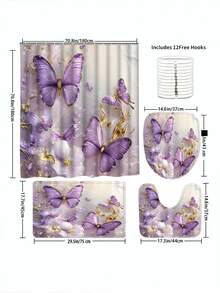 4pcs Gold & Purple Butterfly Pattern Shower Curtain With 12pcs Plastic Hooks, Bathroom Anti-Slip Mat, U-Shaped Toilet Lid Cover, Modern Home Bathroom Accessories - Multicolor - View 9
