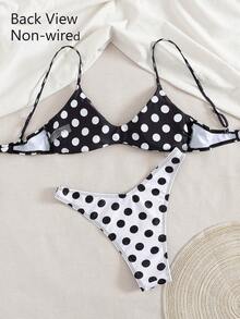 女士比基尼泳衣，可爱波西米亚风黑白波点印花，内置胸罩吊带泳装，适合度假、海滩、泳池和运动穿着，2026春夏款 - 黑色 - 查看 4