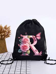 1pc Summer New Floral & Letter Outdoor Sports Bag, Football Backpack, Basketball Backpack, Boys & Girls Sports Bag, Hiking Backpack, Large Capacity Lightweight Drawstring Bag - Black - View 28