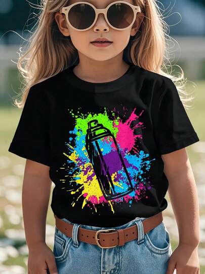Camiseta unisex con estampado de graffiti neón - Base negra con salpicaduras de arte en rosa neón, azul, verde, amarillo, cian, magenta y blanco - Cuello redondo suave, mangas cortas, estilo casual urbano, adecuada para jóvenes a la moda - Camiseta cómoda con temática de graffiti para primavera, verano y otoño, unisex, disponible en tallas para adultos y niños.