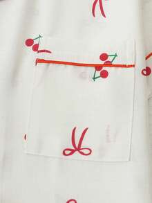 两件套女士睡衣套装，樱花蝴蝶结印花翻领纽扣上衣和蝴蝶结短裤，家居服和休闲服 - 杏色 - 查看 5