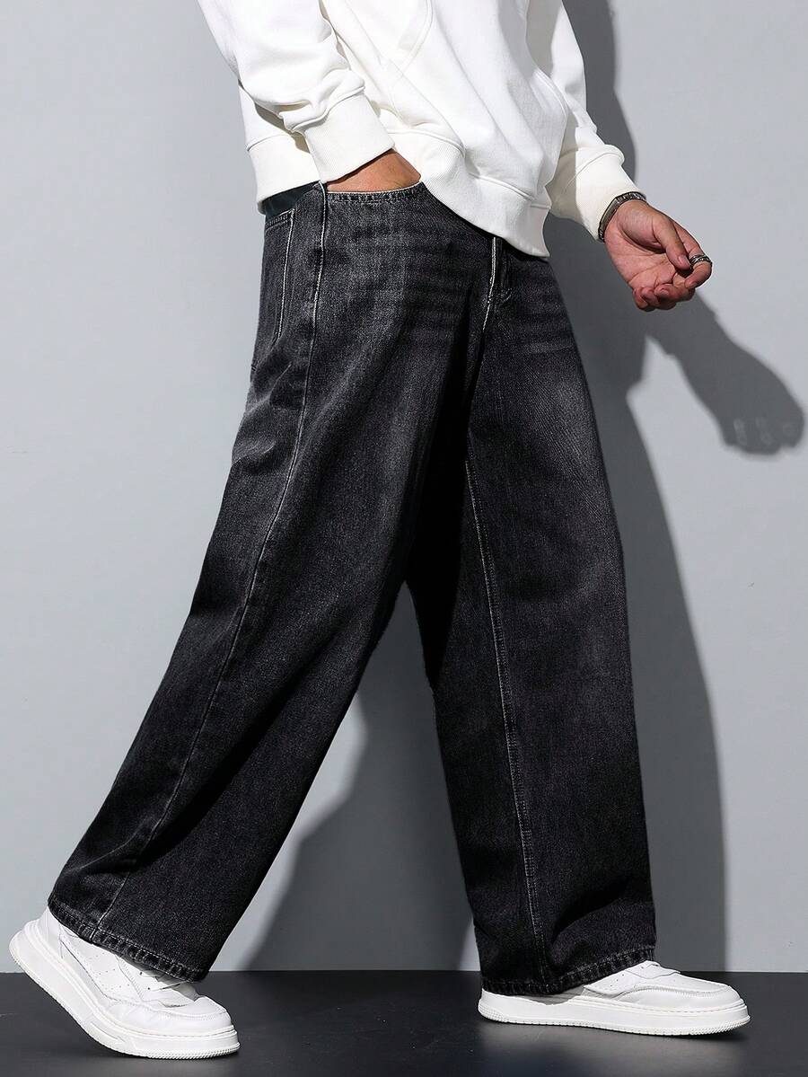 1件 Hearty Haven 休闲宽松直筒牛仔裤，男女情侣款（不含腰带或配饰） - 黑色 - 查看 1