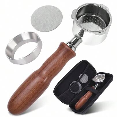 طقم إكسسوارات الإسبريسو، يشمل مصفاة بلا قاع 51 مم، قمع الجرعات، شاشة الكعكة وصندوق التخزين، 3 آذان، مصفاة إسبريسو احترافية متوافقة مع ماكينات الإسبريسو De-Longhi EC680، EC685، EC850، EC860 و EC885، سلة من الفولاذ المقاوم للصدأ ومقبض من الخشب