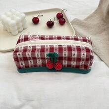 Checkered Makeup Pouch, Pencil Case, Lace Design, Large Capacity, Stylish And Cute, Perfect For Women, High School Girls, Stationery, Small Items, Pouch, Korean Style, Outings, Gift, Navy, White, Simple, Casual, Luxurious Design, Stylish - Blue Pencil Case - View 14