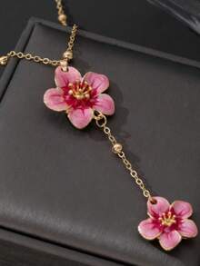 A New Women's Fashion Pendant Necklace, Elegant, Featuring A Handmade, Five-Petal Gradient Pink Flower Pendant, Designed To Match. - Multicolor - View 2