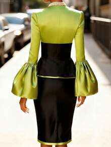 GLOURI Women's Green & Black Contrast Two-Piece Set - Pearl Button Accent & Flared Sleeve Detail | Elegant Sophisticated Style For Business Dinners, Office Meetings, Formal Lunches, BFF Get-Togethers & Urban Strolls For Polished Glamorous Looks - 綠色 - 查看 3