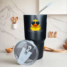 30oz Stainless Steel Tumbler Black White Options,  Duck Wearing Sunglasses Floating In Water Graphic Cups, Insulated Travel Coffee Mug With Lid And Straw , Double Wall Vacuum Reusable Travel Cups, Funny Birthday Party Gift For Women & Men - 黑色 - 查看 1