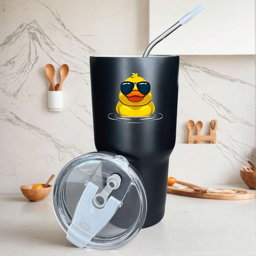 30oz Stainless Steel Tumbler Black White Options, Duck Wearing Sunglasses Floating In Water Graphic Cups, Insulated Travel Coffee Mug With Lid And Straw , Double Wall Vacuum Reusable Travel Cups, Funny Birthday Party Gift For Women & Men - 黑色 - 查看 1
