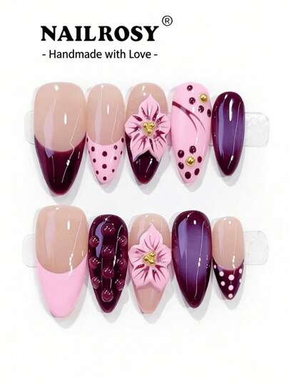  NAILROSY Uñas postizas de almendra 3D talladas a mano, colección de boda, regalo de cumpleaños, serie blanca y rosa, uso diario, envío directo desde EE. UU., calidad de lujo ligera, estilo popular 2026, adecuado para todos los tonos de piel, calidad profesional, diseño elegante, estilo clásico, belleza atemporal, con puntos rosa y rojo, 10 piezas