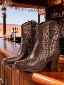 New Stylish Women's Embroidered Chunky Heel Square Toe Mid-Calf Western Boots - Brown - View 1