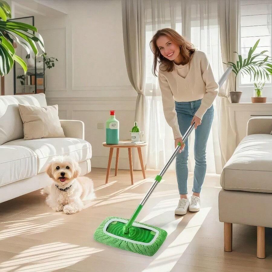6 Green Mop Cloths, Reusable Mop Pads, Suitable For Both Dry And Wet Cleaning As Replacement Cloths For Flat Mops, Perfect For Maintaining Hardwood Floors, Tiles, Washable Mop Replacement Cloths, And Flat Mop Replacement Pads In Schools And Offices - green - 查看 1