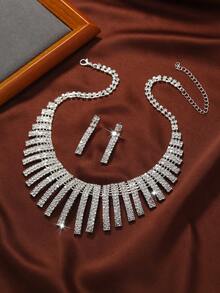 3pcs Gorgeous Bridal Rhinestone Necklace And Earring Set - Silver - View 5