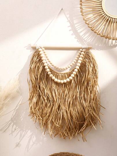 1pc Natural Beige Boho Fringe Pattern Decorative Wall Hanging Rustic Aesthetic Tapestry Nordic Scandinavian Style Layered Tassel Pendant With Beaded Detail Farmhouse Chic Statement Ornament For Living Room Bedroom Entryway Apartment Dorm Studio Gallery Wall Wedding Party Home Decoration