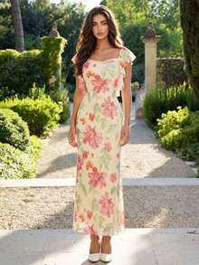 女士优雅浅黄色碎花方领荷叶边中长连衣裙，时尚性感夏日连衣裙，浪漫花园派对装扮 - 粉色 - 查看 1