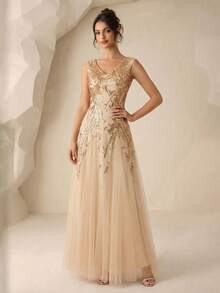 EVERPRETTY 女士优雅正式礼服，奢华晚礼服，饰有金色亮片，黑色蝴蝶结，V 领喇叭裙摆，适合派对、婚礼宾客、新娘母亲等春季场合。 - 金色 - 查看 3