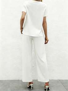 Conjunto de 3 piezas de top de manga corta de cuello redondo y pantalones rectos de pierna ancha con bolsillo y cintura elástica, de tela de poliéster ligera y no transparente, para primavera/verano/otoño - Blanco - Ver 5
