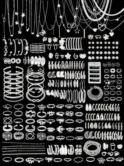 35/47/50/71/87pcs Set Fashionable Minimalist Elegant Bohemian Style Jewelry Set, Including Earrings, Necklaces, Rings, Bracelets With Heart, Twist, Butterfly, Geometric Elements, Wave Patterns, Versatile Daily Wear Accessories, Random Styles