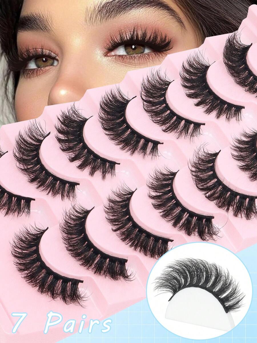 7 对假睫毛，浓密卷翘，睫毛长度 5-16 毫米，仿貂毛，柔软，适合派对、节日妆容，适合初学者，易于使用，黑色睫毛杆。 - 黑色 - 查看 1