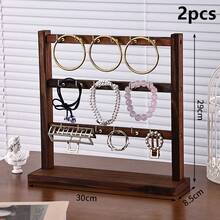 2pcs Multi-Layer Walnut Wood With Iron Hook Jewelry Stand, Elegant Wooden Multifunctional Display Rack For Bracelets, Earrings, Necklaces, Minimalist And Easy To Assemble, Suitable As A Gift - 2 Pcs Walnut Wood - View 11