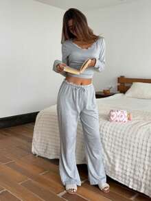 两件套女士蕾丝拼接长袖上衣+松紧腰裤可爱睡衣套装 - 灰色 - 查看 3