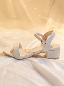 Women's Leather One-Strap Peep Toe Chunky Heel Sandals, Suitable For Casual Outings - Beige - View 8