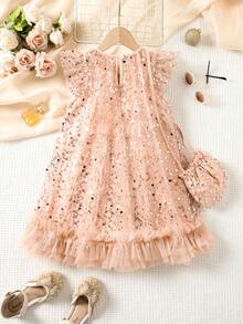 Girls' High-End Sequin Embroidered Mesh Dress, Fashion Princess Dress With Sweet Cute Style, Comes With Bag - Coral Pink - View 3