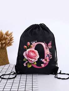 1pc Summer New Floral & Letter Outdoor Sports Bag, Football Backpack, Basketball Backpack, Boys & Girls Sports Bag, Hiking Backpack, Large Capacity Lightweight Drawstring Bag - Black - View 13