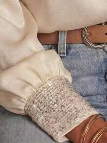 EARO Women's Casual Versatile High-End Satin Cuff Beaded Splice Round Neck Backless INS Pullover Blouse - Apricot - View 3