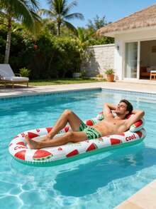 1个充气漂浮床，水果造型，西瓜和柠檬元素，带枕头设计，PVC材质，适用于水面、泳池、沙滩、主题派对，可用作充气水上漂浮物、水上休息座椅、充气漂浮物、游泳池充气筏，充气泵需另行购买。 - 西瓜檸檬躺椅 - 查看 3